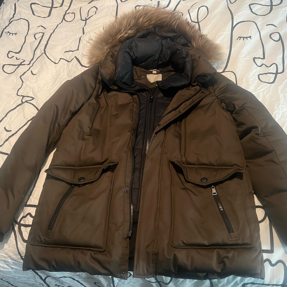 Soia & Kyo Men's Dark Brown Puffer Jacket Parka with Fur Trim